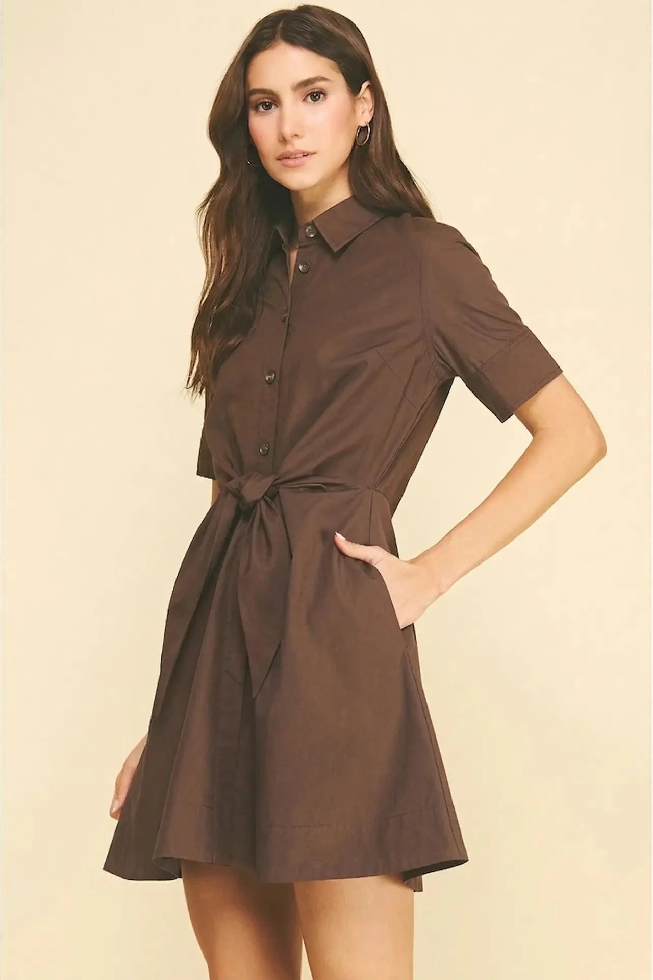 Mini Shirt Dress with Tie-Front in Chocolate – Sweet Apricot