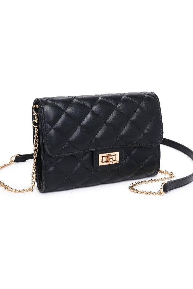Black quilted handbag with a gold chain strap on a white background