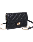 Black quilted handbag with a gold chain strap on a white background
