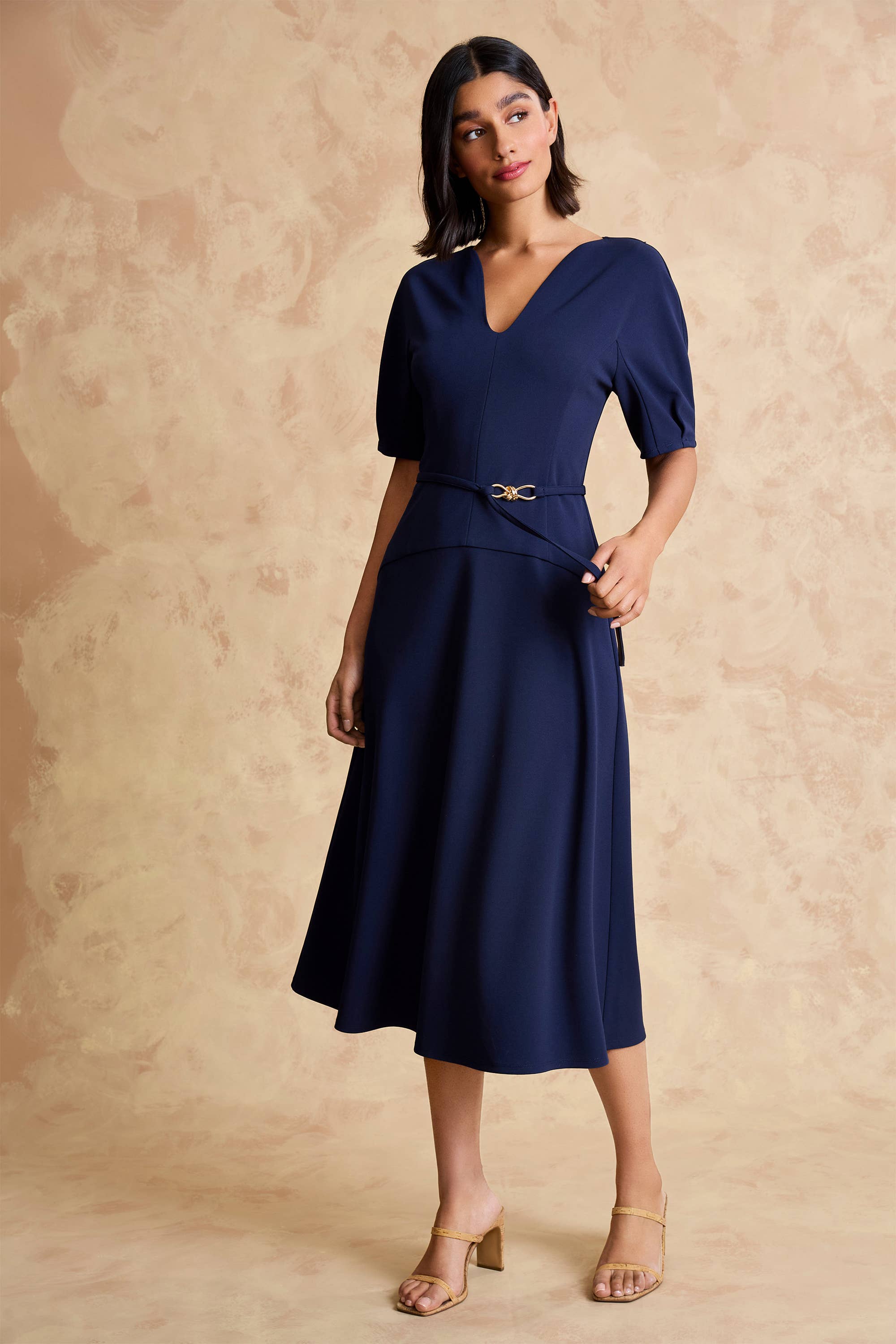 Nathalia Belted V-Neck Midi Dress Nathalia Belted V-Neck Midi Dress