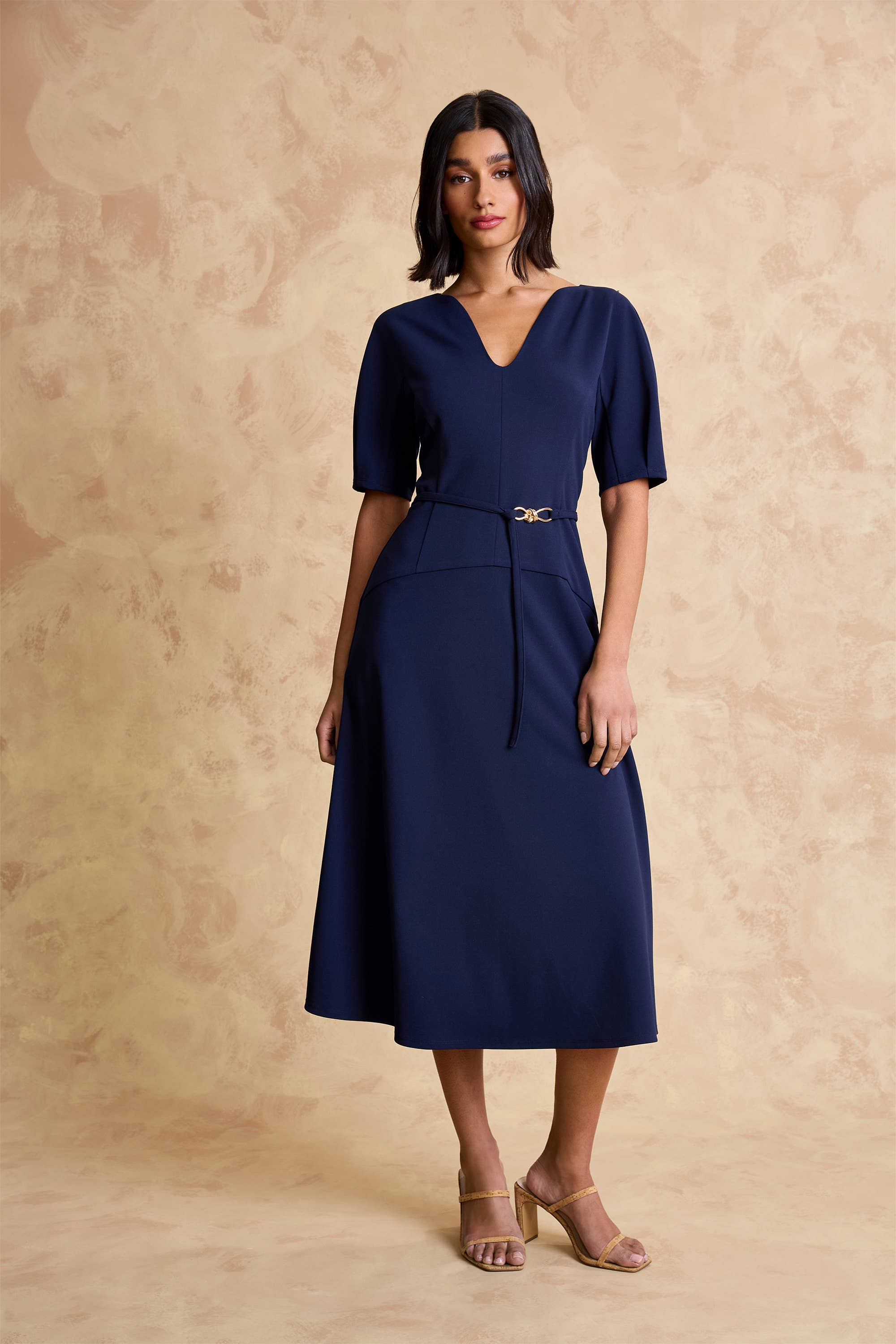 v neck belted midi dress Crown & Ivy Petite Short Sleeve V-Neck Belted Midi Dress