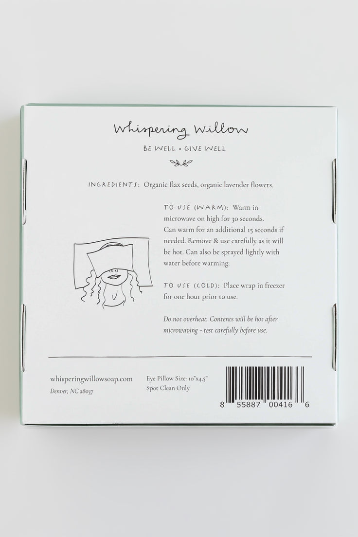 Back of a product packaging for 'Whispering Willow' with text and branding.