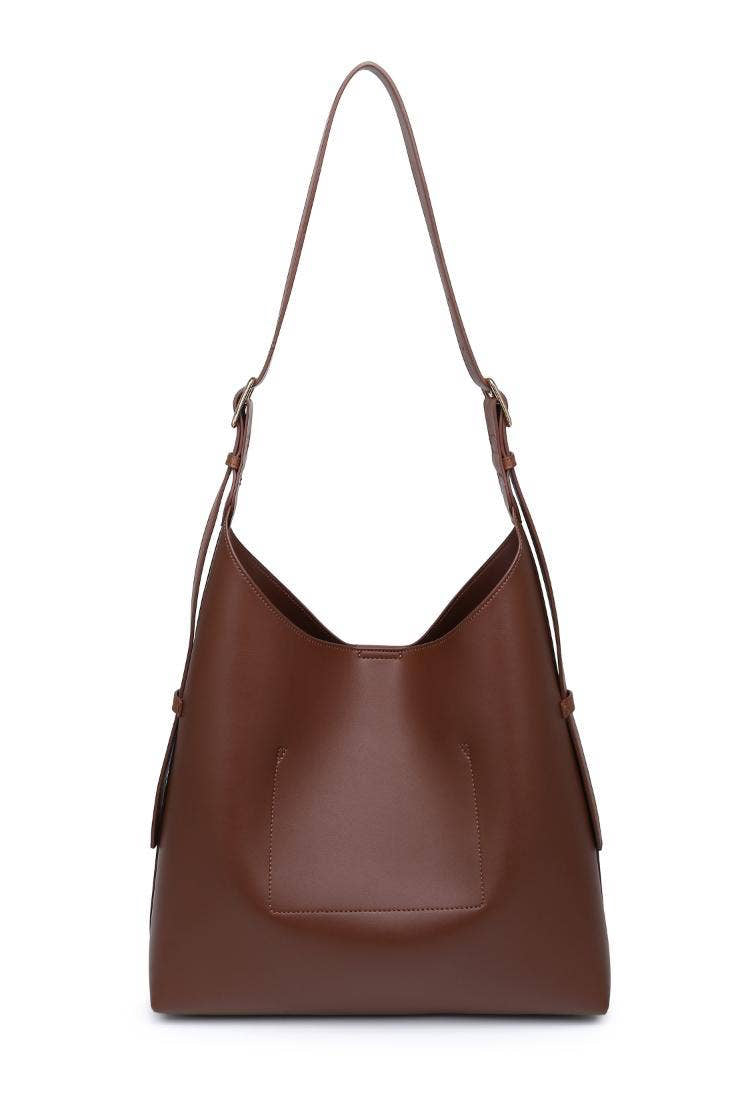 Brown leather handbag with a shoulder strap on a white background