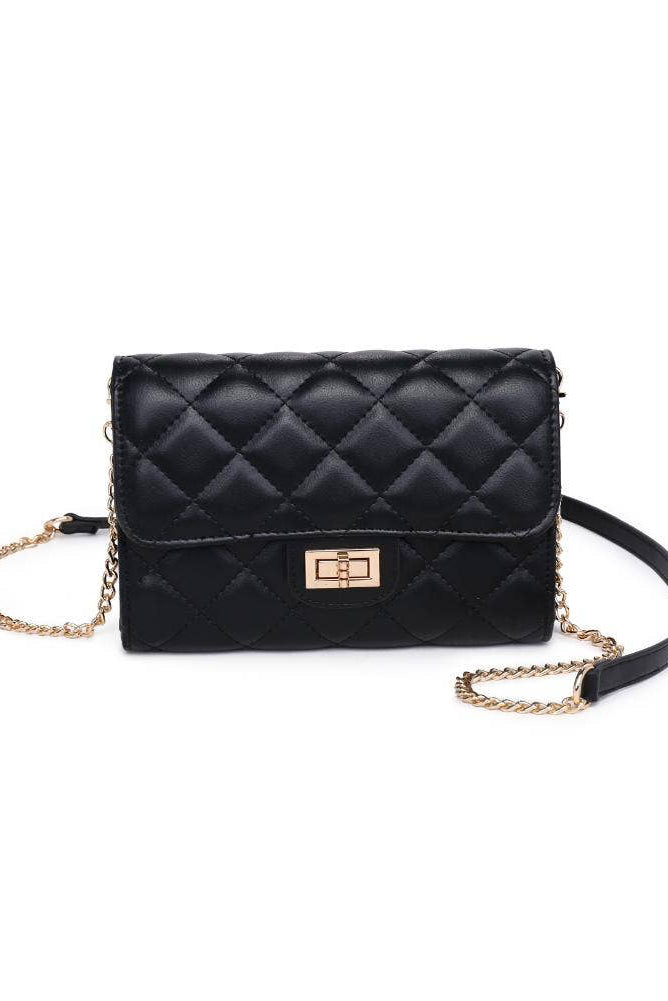 Black quilted handbag with gold chain on a white background