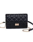 Black quilted handbag with gold chain on a white background