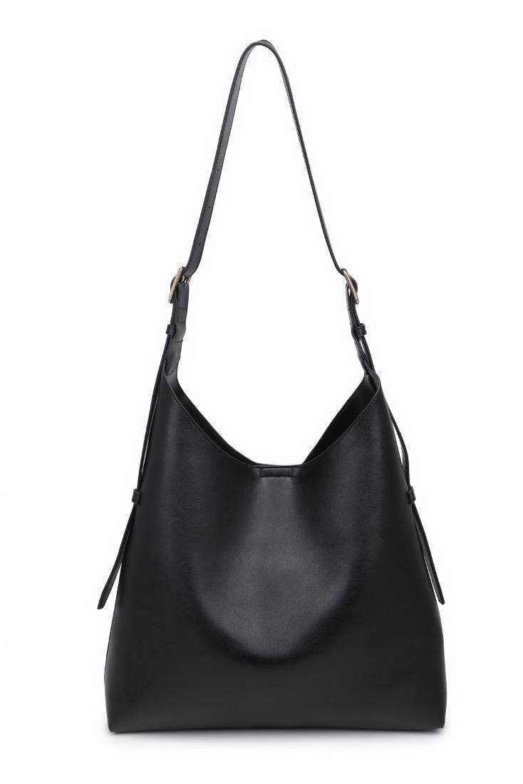 Black handbag on a white background