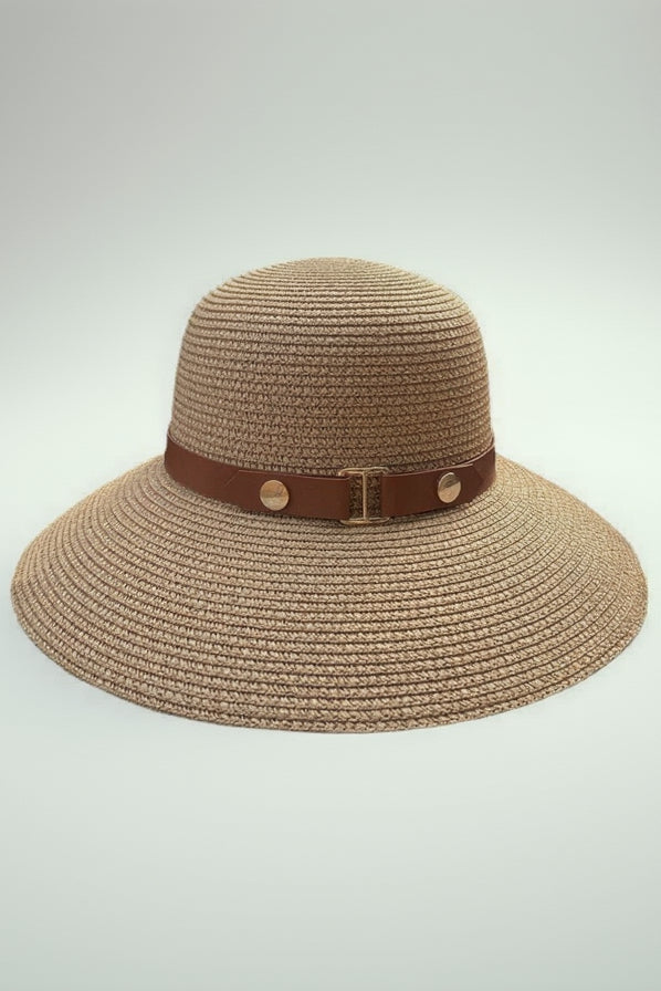 Beige straw hat with a brown band on a white background
