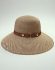 Beige straw hat with a brown band on a white background