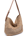 Woven handbag with a brown strap on a white background