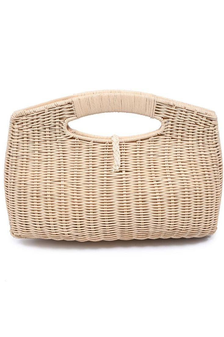 Beige woven handbag on a white background