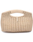 Beige woven handbag on a white background