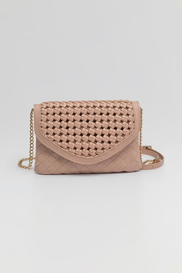 Beige woven handbag with a gold chain on a white background