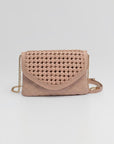 Beige woven handbag with a gold chain on a white background