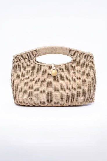 Beige woven handbag with a decorative button on a white background