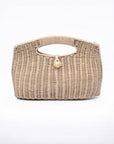 Beige woven handbag with a decorative button on a white background