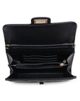 Black handbag with open interior on a white background
