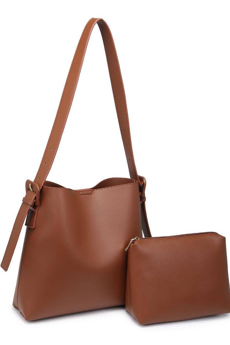 Brown leather handbag with matching pouch on a white background