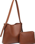 Brown leather handbag with matching pouch on a white background