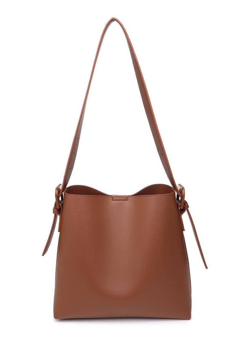 Brown leather handbag with a shoulder strap on a white background