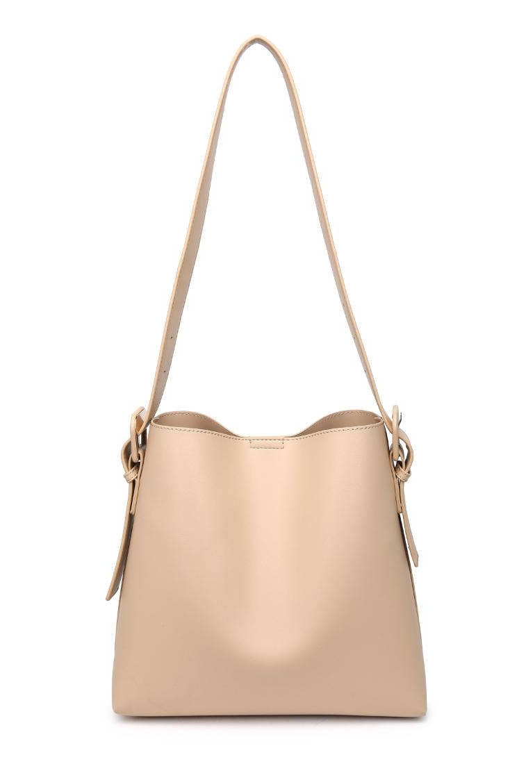 Beige handbag with a strap on a white background