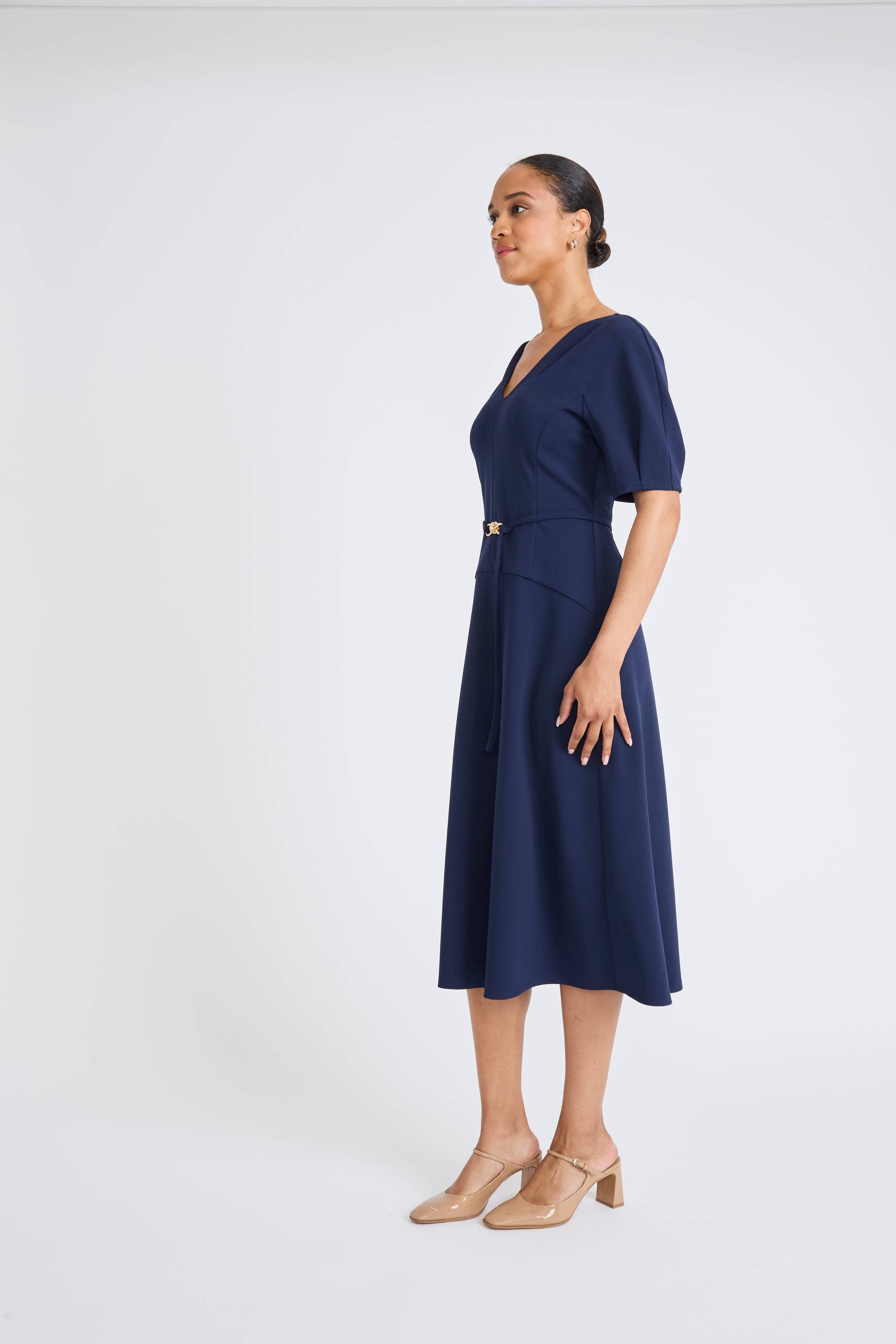 Belted V-Neck Midi Dress