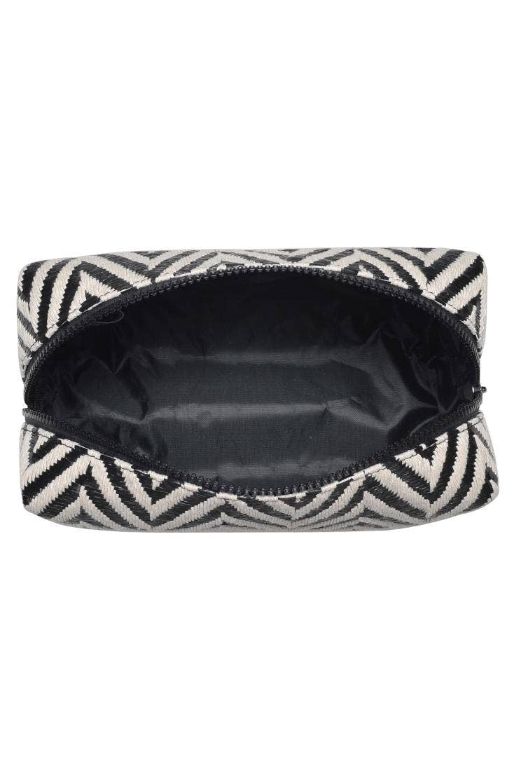 Black and white zigzag patterned pouch on a white background