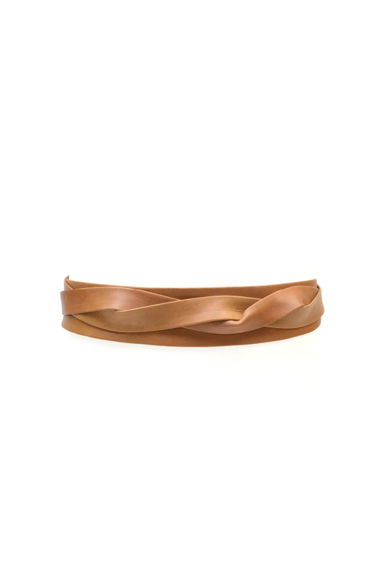 Tan leather belt with a braided design on a white background