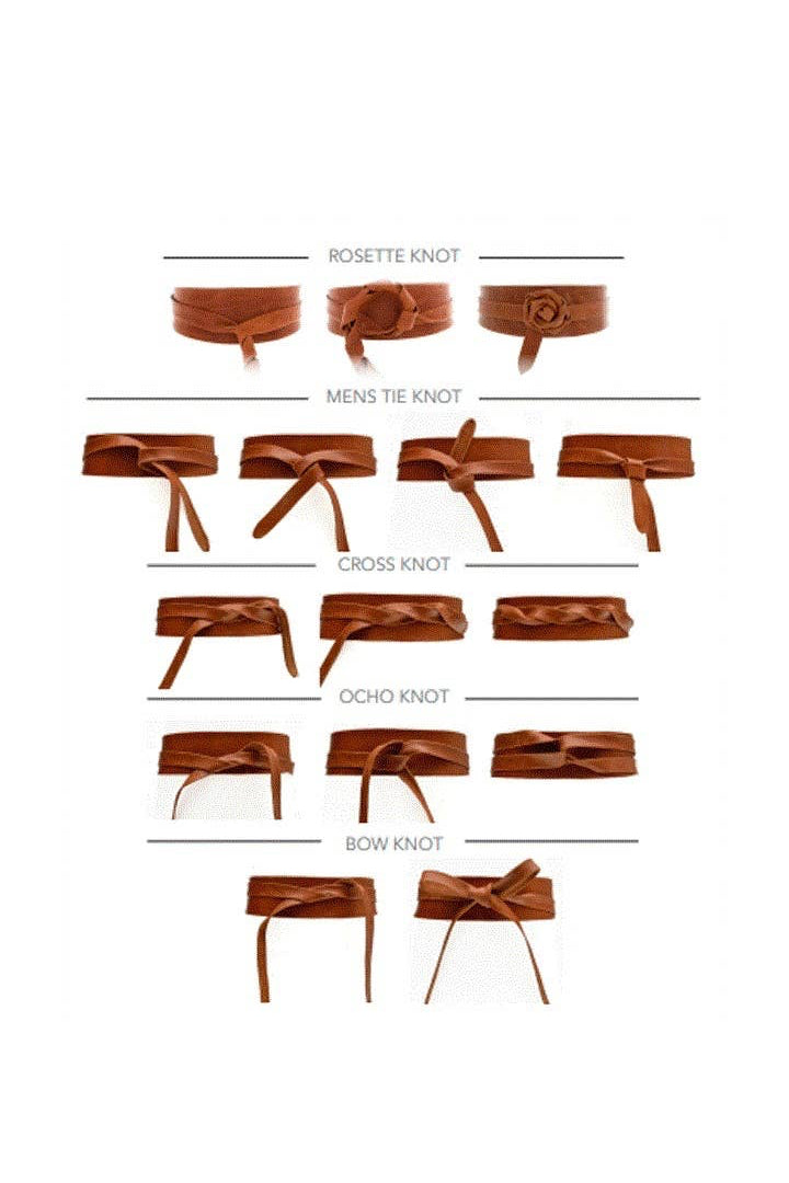 Illustration of various wrap belt ties with labels on a white background