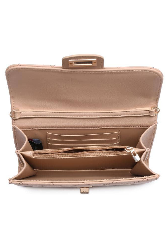 Beige leather clutch bag with open interior on a white background