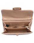 Beige leather clutch bag with open interior on a white background