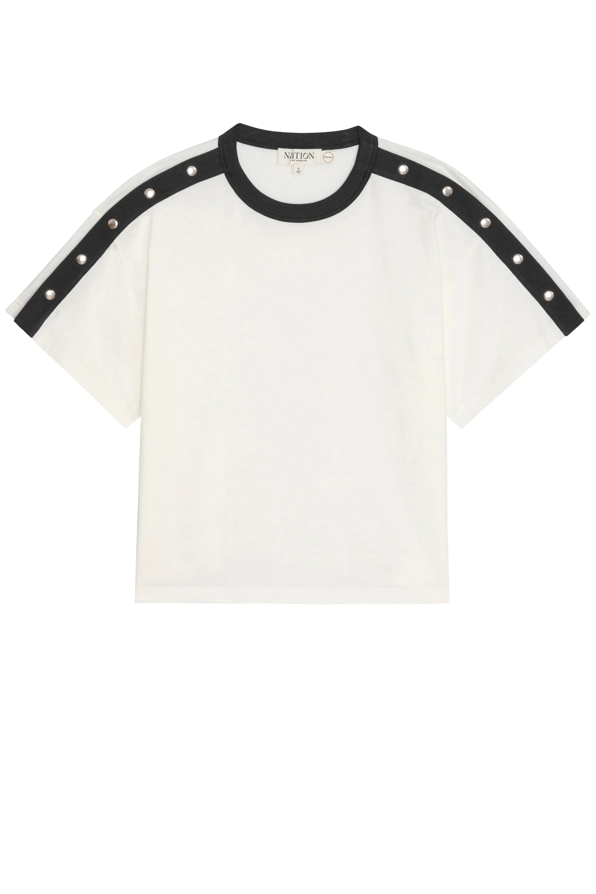 White t-shirt with black trim on a white background