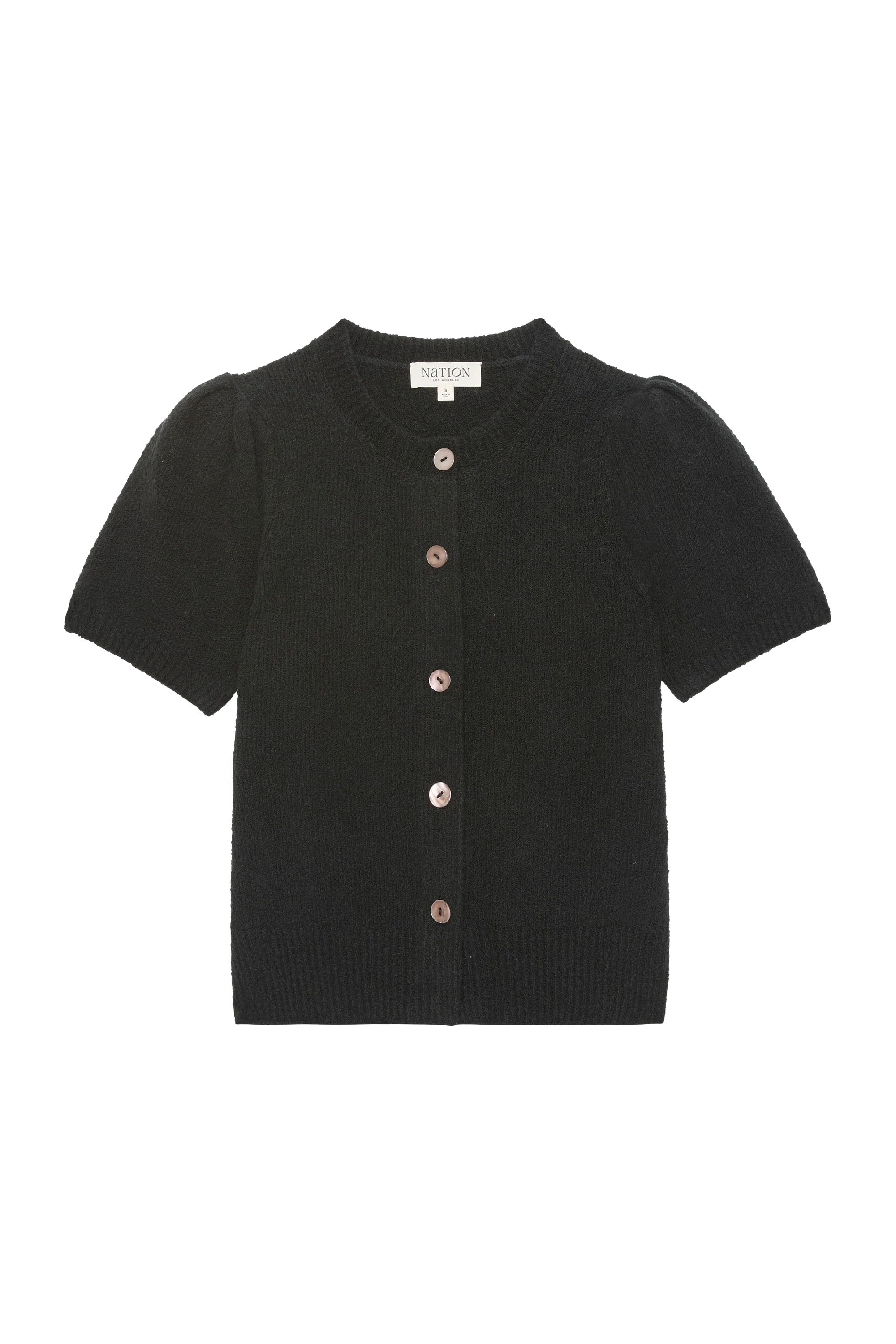 A black short-sleeve knit cardigan sweater with a round neckline and five front buttons, shown flat against a white background.