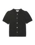 A black short-sleeve knit cardigan sweater with a round neckline and five front buttons, shown flat against a white background.