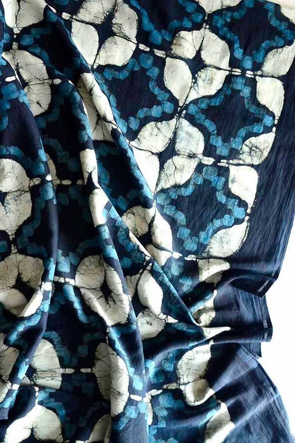 Close-up of blue and white patterned fabric