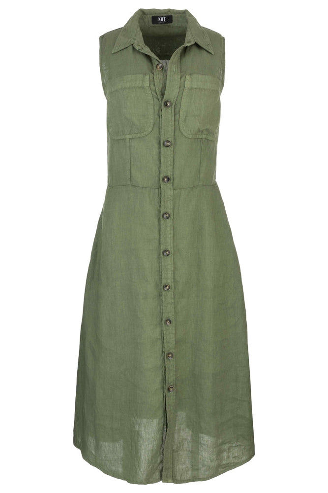 Green sleeveless dress with button details on a white background
