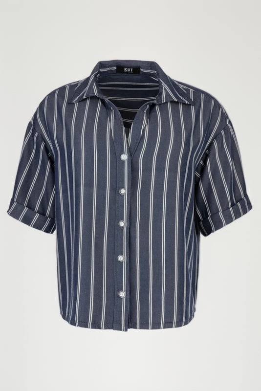 Navy and white striped shirt with short sleeves on a white background
