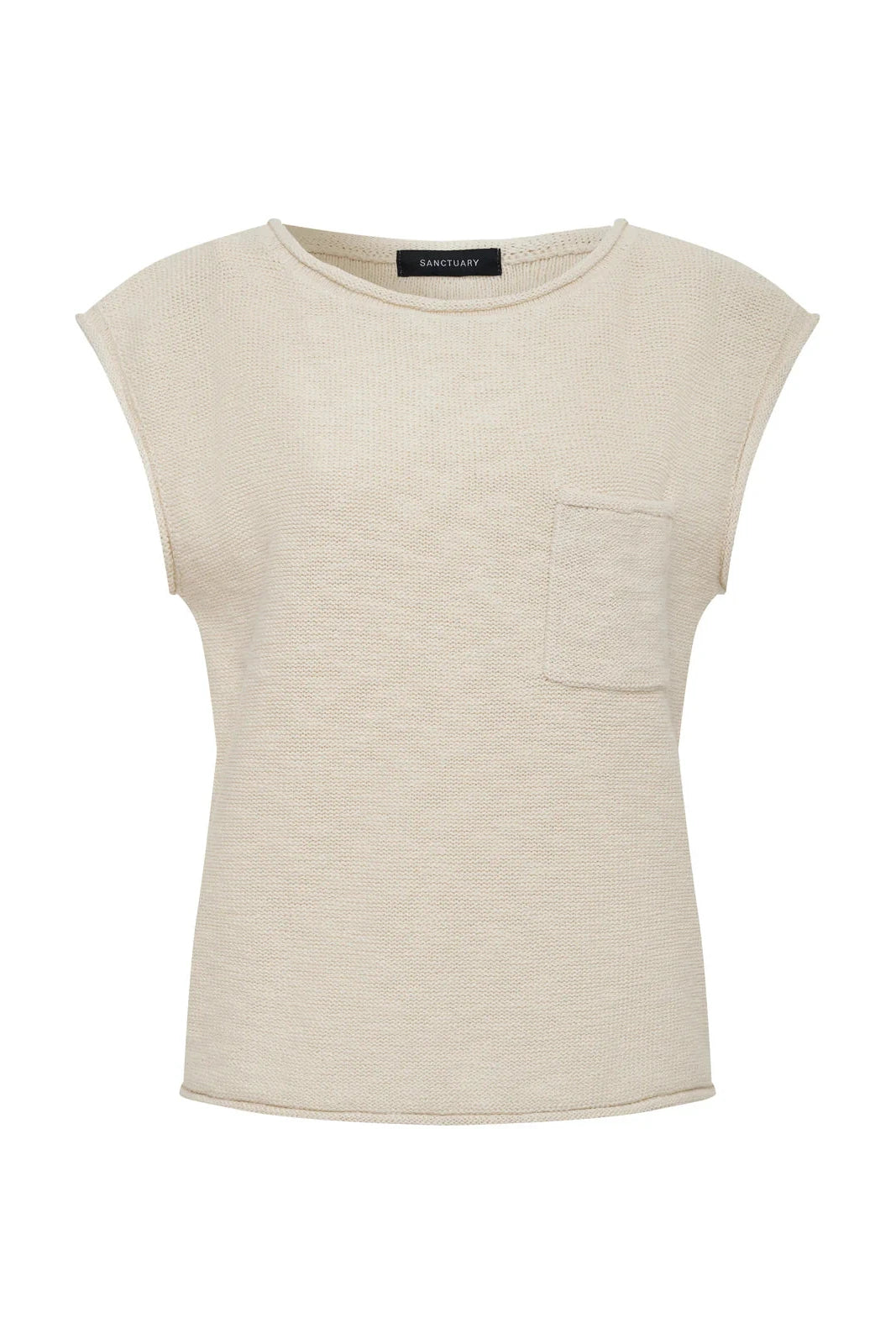 Beige sleeveless top with a pocket on a white background