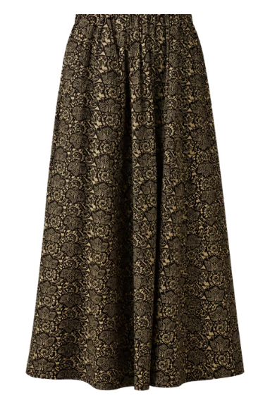 A high-waisted, wide-leg A-line skirt featuring an intricate metallic gold floral brocade pattern over a black base, shown against a plain white background.