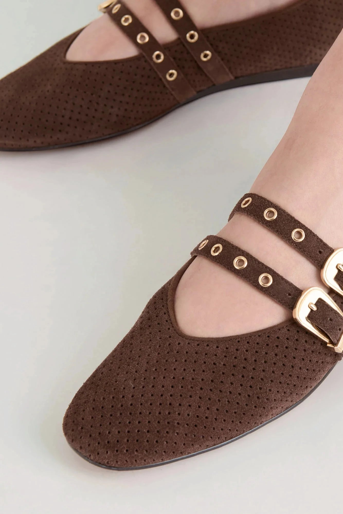 Baylee Grommet Ballet Flats Dark Brown Perforated Suede