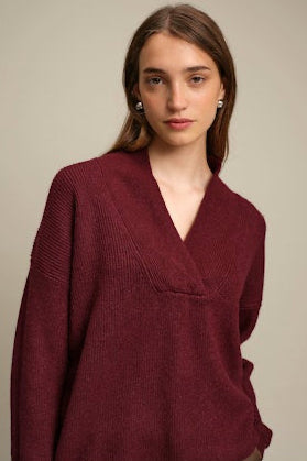 Woman wearing a burgundy sweater against a plain background