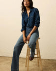 Woman sitting on a wooden stool wearing a blue shirt and jeans against a beige wall.