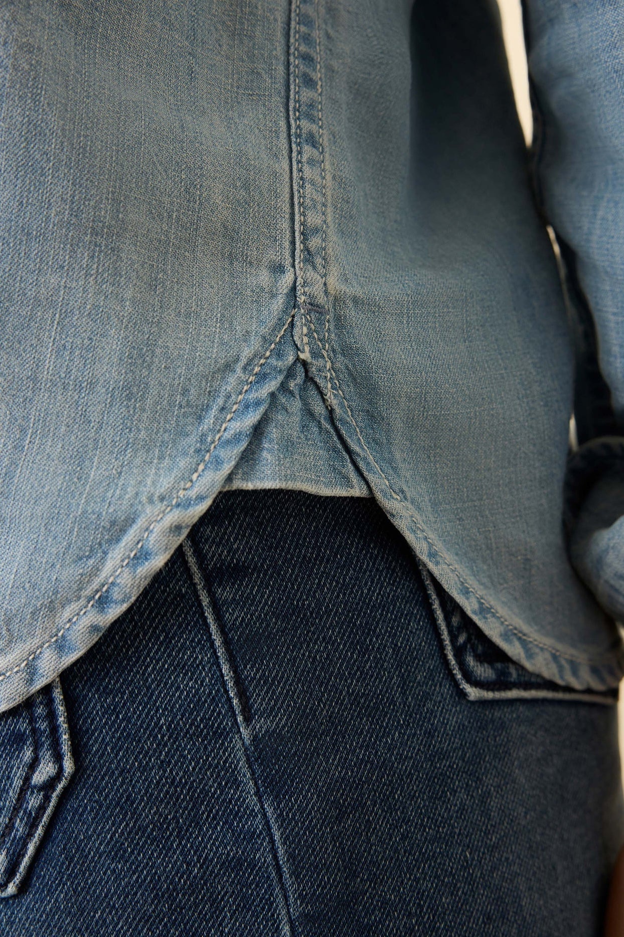 Close-up of a blue denim shirt with a blurred background