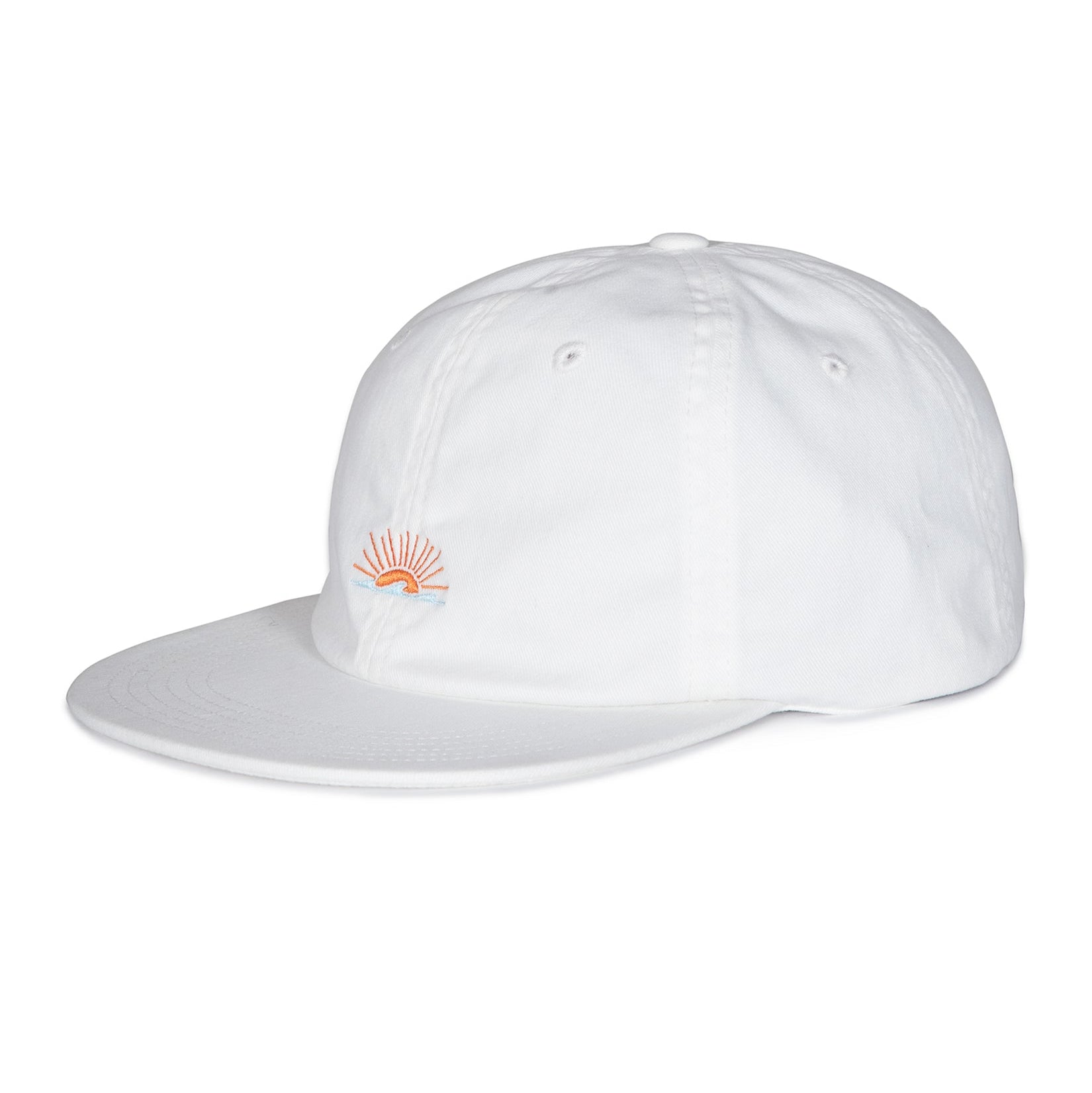 White cap with a small logo on a white background