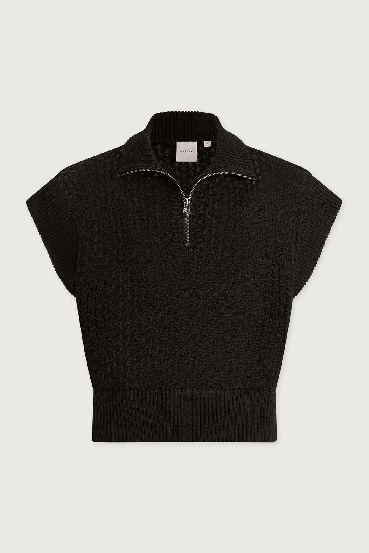 Black sleeveless sweater vest on a light gray background