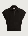 Black sleeveless sweater vest on a light gray background
