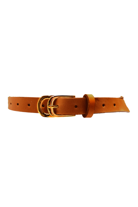Brown leather belt with a gold buckle on a white background