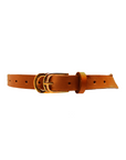 Brown leather belt with a gold buckle on a white background