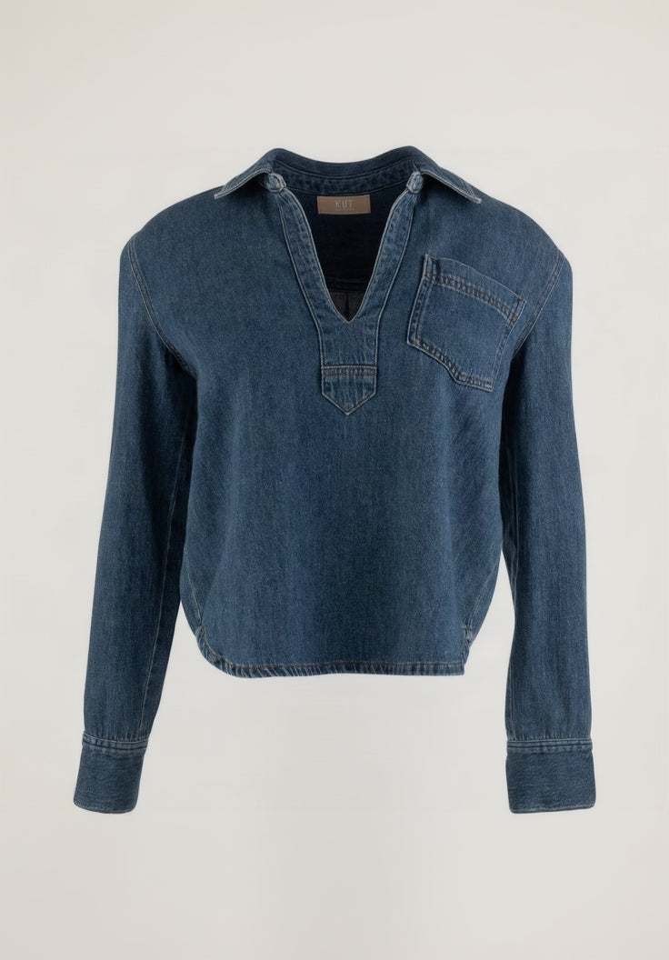 A dark blue denim long-sleeve shirt with a split V-neck, buttoned collar, and a chest pocket, shown against a plain white background.