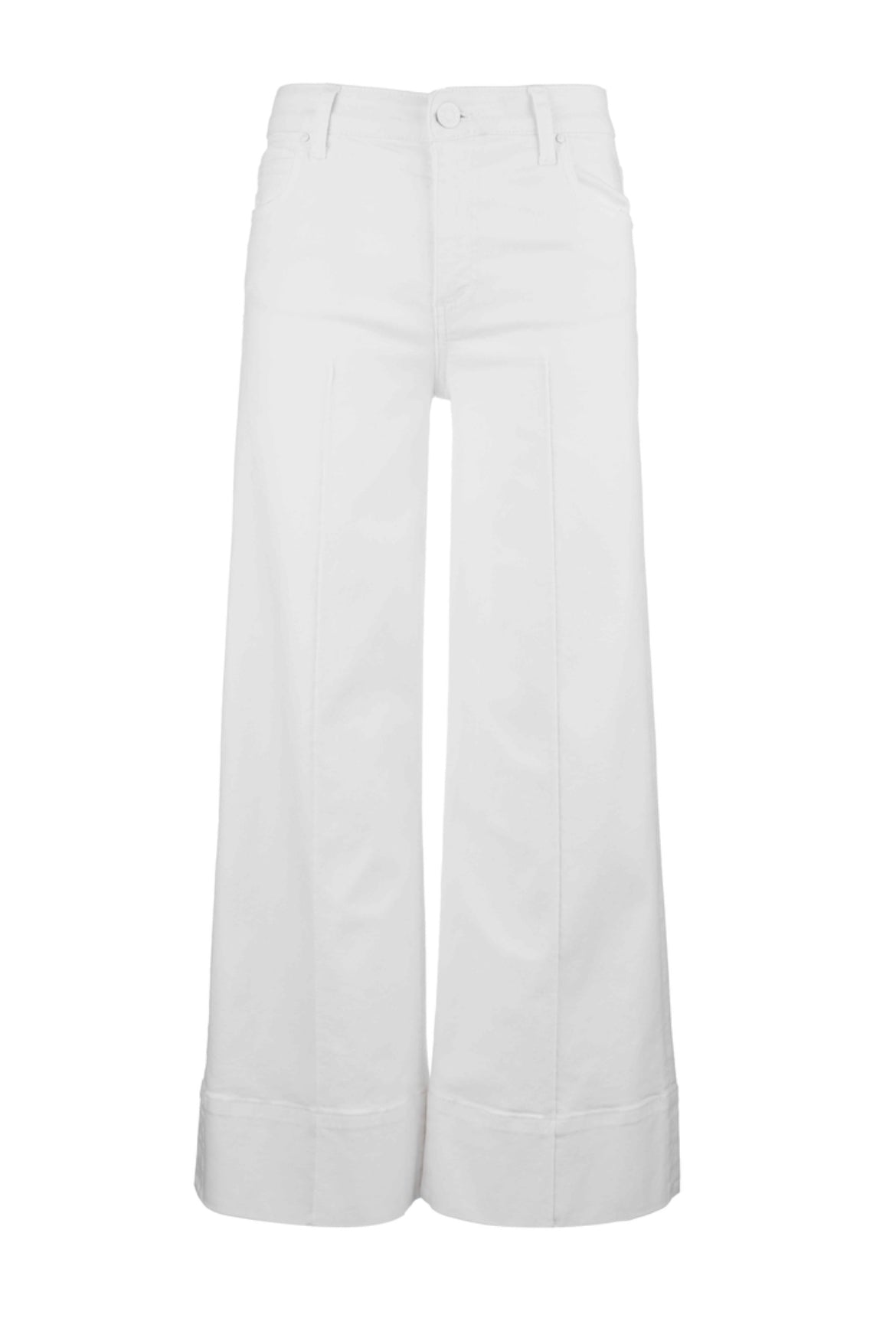A pair of white high-rise wide-leg pants with front pin-tuck detailing.