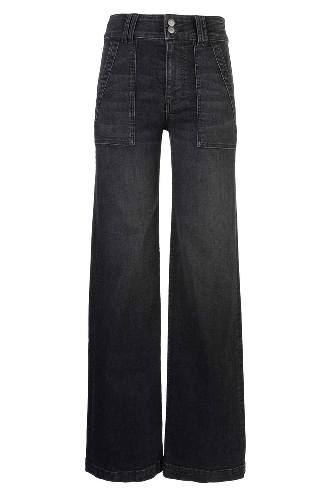 Black wide-leg jeans on a white background